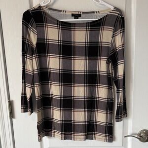 Ann Taylor Factory Black and Cream Checkered Long Sleeve Top